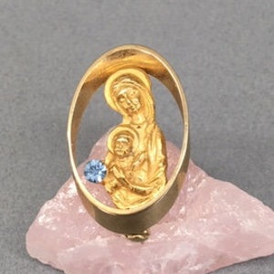 Gold Madonna Child Brooch Lapel Pin Blue Virgin Mary Vintage Catholic Gift