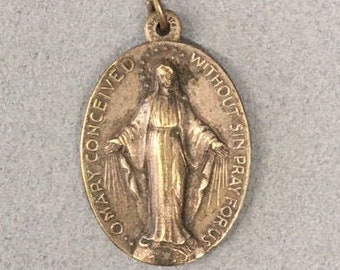 Antique Miraculous Medal Italy Virgin Mary Aged Vintage Catholic Gift