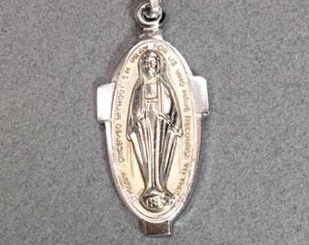 Virgin Mary Medal Silver Our Lady Miraculous Oval Pendant Germany Vintage Catholic Jewelry Gift
