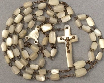 Antique Mother Pearl Rosary MOP First Communion Shell Brass Vintage Catholic Gift