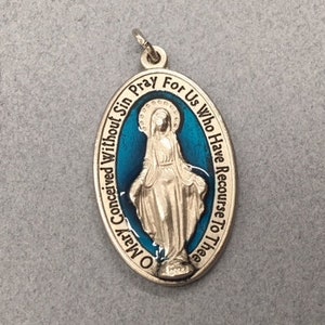 Blue Miraculous Medal Virgin Mary Protection Vintage Catholic Gift