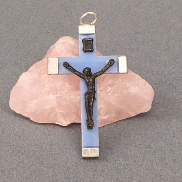 Vintage Blue Crucifix Silver Rosary Parts Supplies Plastic Acrylic Cross Catholic Gift