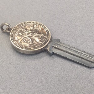 St Christopher Medal Sterling Key Silver Fob Chain Automobile Travel Protection Vintage Catholic Gift