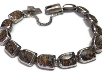 Chunky Jasper Bracelet Mexico Taxco Leopard Skin Gemstone Mexican Sterling Vintage Jewelry Gift