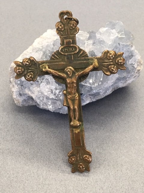 Large Brass Crucifix Antique Stamped Pressed Brass Metal Christ on