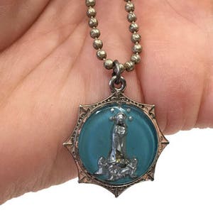 Virgin Mary Pendant RARE Our Lady Mary Medal Antique Sterling Mercury Glass Blue Blessed Mother Children Catholic Pocket Icon Shrine Gift
