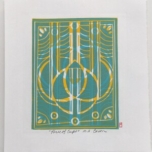 Three of Cups Original Linocut Print Wall Art