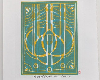 Three of Cups Original Linocut Print Wall Art