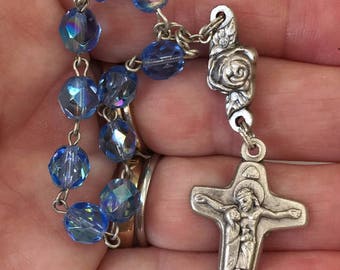 Small Chaplet One Decade Rosary Prayer Beads Blue Glass Vintage Catholic Gift