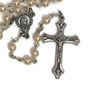 First Communion Rosary White Pink Faux Pearls Religious Vintage Catholic Gift