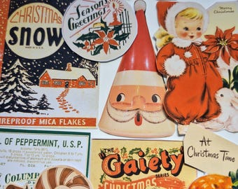 May include: A collection of vintage Christmas paper ephemera including three 25-cent price tags, a Christmas snow label, a Season's Greetings sticker, a cone-shaped Santa, a child in a red suit, a peppermint label, a candy cane, and a Gaiety label.