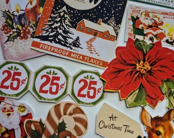 May include: A collection of vintage-style Christmas paper ephemera including a Christmas Snow box label, a greeting card with candles, a peppermint medicine label, a Santa Claus cutout, three 25-cent tags, a poinsettia, a candy cane, and a fawn.