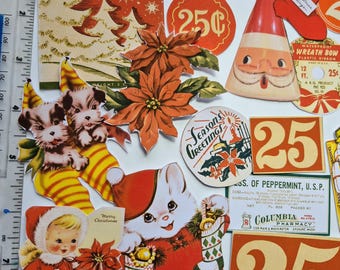 May include: A collection of vintage-style Christmas paper ephemera featuring illustrations of a fawn, a kitten, puppies in stockings, a child, poinsettias, and Santa, alongside text labels like Christmas Snow and 25 cents, measured by a 7-inch ruler.
