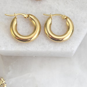 Chunky small gold hoop earrings , gold hoops , chunky gold huggies ,statement wide gold hoops, new cheaper price