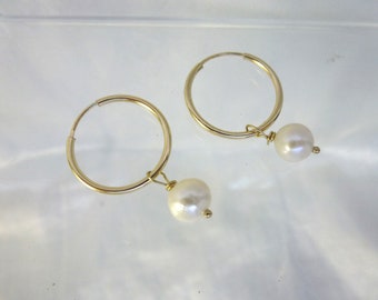 Petite Pearl hoop earrings / gold filled pearl hoops /wedding earrings /freshwater pearl earrings