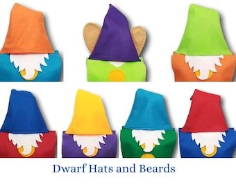 Set of 7 Snow White Seven Dwarfs Hats and Beards (All Different Colors) - Fits Kids to Adults