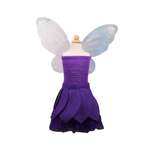 Puede incluir: Disfraz de hada morado con falda de tul y alas iridiscentes.
