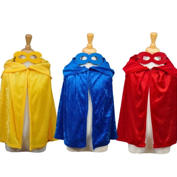Super Hero Cape and Mask Set (Crushed Panne Full Hooded Cape) ~ Blue, Red, and Yellow