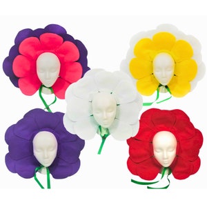 May include: Five felt flower headbands in different colors: pink, white, yellow, purple, and red. Each headband has a large flower with multiple petals and a green ribbon.