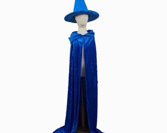 Blue Witch or Wizard Costume Hooded Cape and Hat Set - Toddler, Kids, Teen, Adult and Plus Sizes