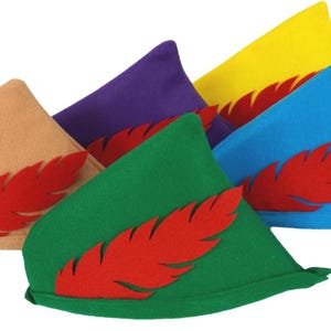 May include: A collection of colorful felt hats, each with a red feather accent. The hats are in various colors, including green, blue, yellow, purple, and tan. The hats are likely for costume or party use.