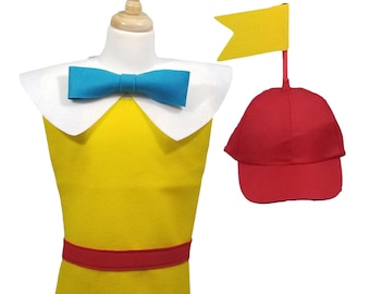 May include: A yellow dress with a white collar and a blue bow tie. The dress has a red belt and a red baseball cap with a yellow flag on top.