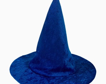 Puede incluir: Un sombrero de bruja de terciopelo azul con un cono puntiagudo y un ala ancha.
