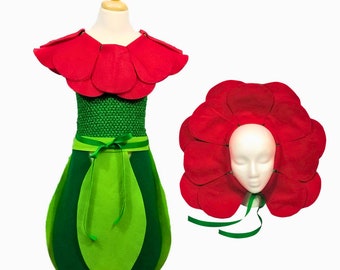 Red Rose Flower Costume Set (Leaf skirt, Flower headband, Flower head piece) Baby, Toddler, Kids, Teen, and Adult Sizes