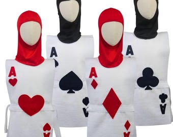 May include: Four white Ace playing card costumes with red or black hoods. The costumes display heart, spade, diamond, and club symbols. Each costume has a white belt around the waist.
