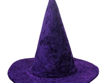 Puede incluir: Un sombrero de bruja de terciopelo morado con una corona alta y puntiaguda y un ala ancha.
