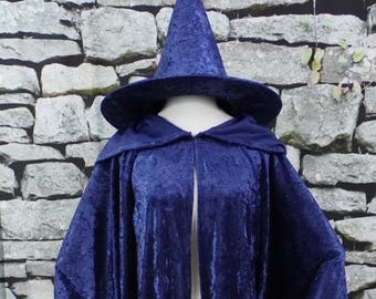 Navy Blue Wizard or Witch Crushed Velvet Costume Robe and Hat Set - Toddler, Kids, Teen, Adult and Plus Sizes available