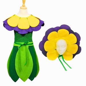 Conjunto de disfraz de flor violeta para adultos (amarillo/morado). Disponible en tallas para bebés, niños pequeños, niños, adolescentes y adultos.