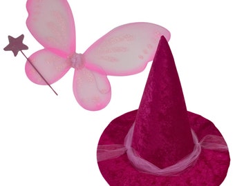 May include: A set consisting of a pair of translucent pink fairy wings with glitter accents, a matching pink star-tipped wand, and a dark magenta velvet witch hat featuring a wide brim and a sheer light pink tulle ribbon wrapped around the base.