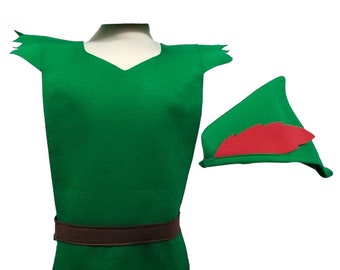 PETER PAN Costume Tunic and Hat (Neverland) - Baby / Toddler / Kids / Teen / Adult Sizes