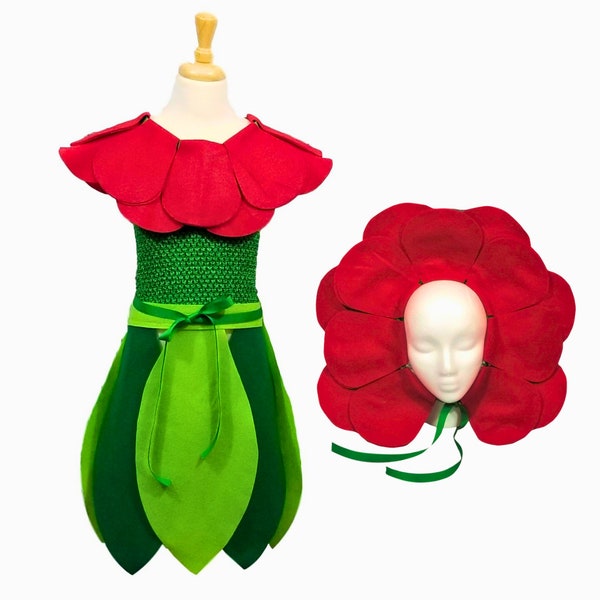 Adult Red Rose Flower Costume Set (Leaf skirt, Flower headband, Flower head piece) Baby, Toddler, Kids, Teen, and Adult Sizes