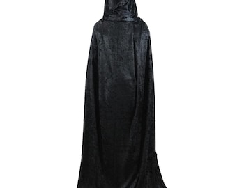 Adult Plus Size Black Crushed Velvet Full Length Hooded Cape