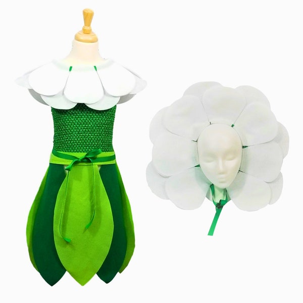 White Flower Costume Set (Leaf skirt, Flower headband, Flower head piece) Baby, Toddler, Kids, Teen, and Adult sizes