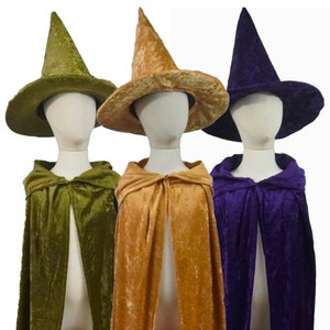 Witch or Wizard Costume Hooded Cape and Witch Hat Set (Olive Green, Purple, Gold)  - Toddler, Kids, Teen, Adult and Plus Sizes