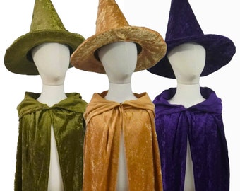 Witch / Wizard Costume Hooded Cape and Hat Set (Olive Green, Purple, Gold)  - Kids, Teen, Adult and Plus Sizes