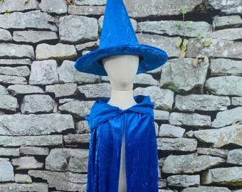 Blue Witch or Wizard Costume Hooded Cape and Hat Set - Toddler, Kids, Teen, Adult and Plus Sizes