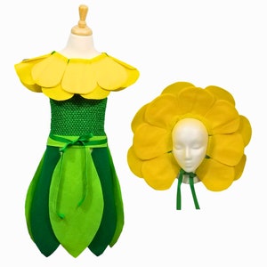 Yellow Flower Costume Set (Leaf skirt, Flower headband, Flower head piece) Baby, Toddler, Kids, Teen, and Adult Sizes available