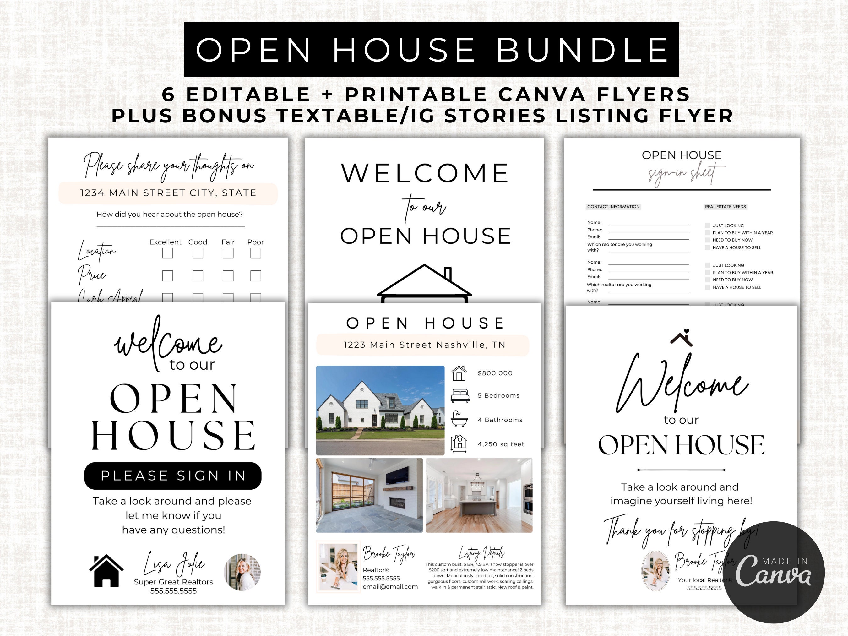 Open House BUNDLE Panneaux pour l’immobilier | Modifier dans Canva | BONUS Dépliant textable Les essentiels de l'agent immobilier | Marketing des agents immobiliers lors de journées portes ouvertes