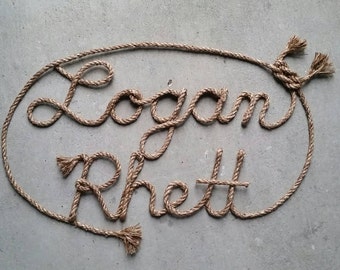 Nom de corde de 10 lettres, nom de corde western/nautique, chambre d'enfant rustique, chambre de cow-boy, cadeau personnalisé, baby shower, lettres murales