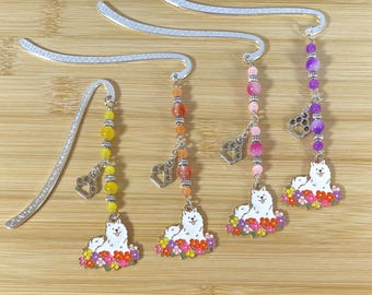 Samoyed American Eskimo dog puppy Book Hook Charm Bookmark/Plant Stick. Antique Silver Animal Christmas stocking stuffer hostess gift