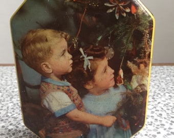 Vintage Blue Bird Toffee tin with Christmas image made in England "Take the home sweet home"