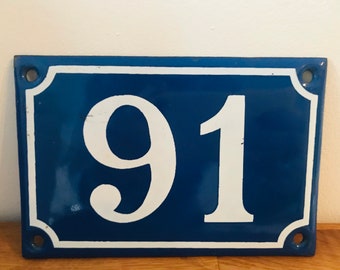 Vintage French enamel blue and white number sign 91