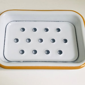 Vintage style white enamel and metal soap dish image 1