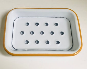 Vintage style white enamel and metal soap dish