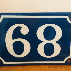 Vintage French enamel blue and white number sign 68