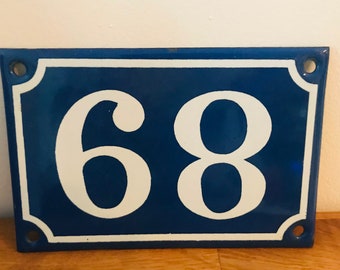 Vintage French enamel blue and white number sign 68